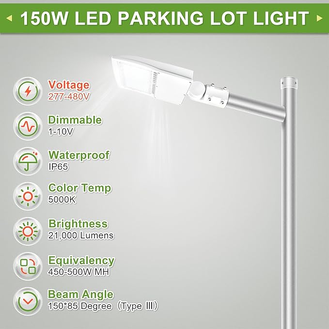 480V 150W LED Parking Lot Light, Shoebox Pole Light, 19500Lm, 5000K, 450W MH/HPS Replacement, Outdoor Commercial Area Street Security Lighting Fixture (150W (277-480V), Slip Fitter)