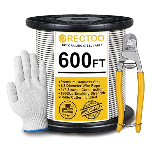 600FT 1/8" T316 Stainless Steel Cable with Cutter, 7x7 Strands Aircraft Wire Rope for Deck Railing, Stair Handrail, Porch Fence, High Strength for Indoor and Outdoor Use