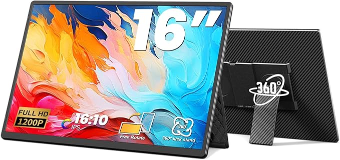 16.1" Portable Monitor, 1200P FHD Laptop Screen Extender, 360° Rotating Detachable Stand, Plug&Play Dual Monitor, Ultra-Thin Zero Frame Portable Screen for Laptop/PC/Mac/Windows/PS5