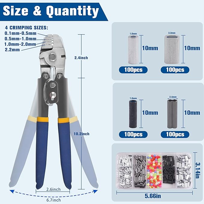 Fishing Crimping Pliers Crimp Sleeves Set,Wire Rope Crimping Tool Kit Heavy Duty Wire Leader Rope Crimper Plier 4 Size Crimping (Stainless Steel Plier+300pcs Mix Crimper Sleeves)