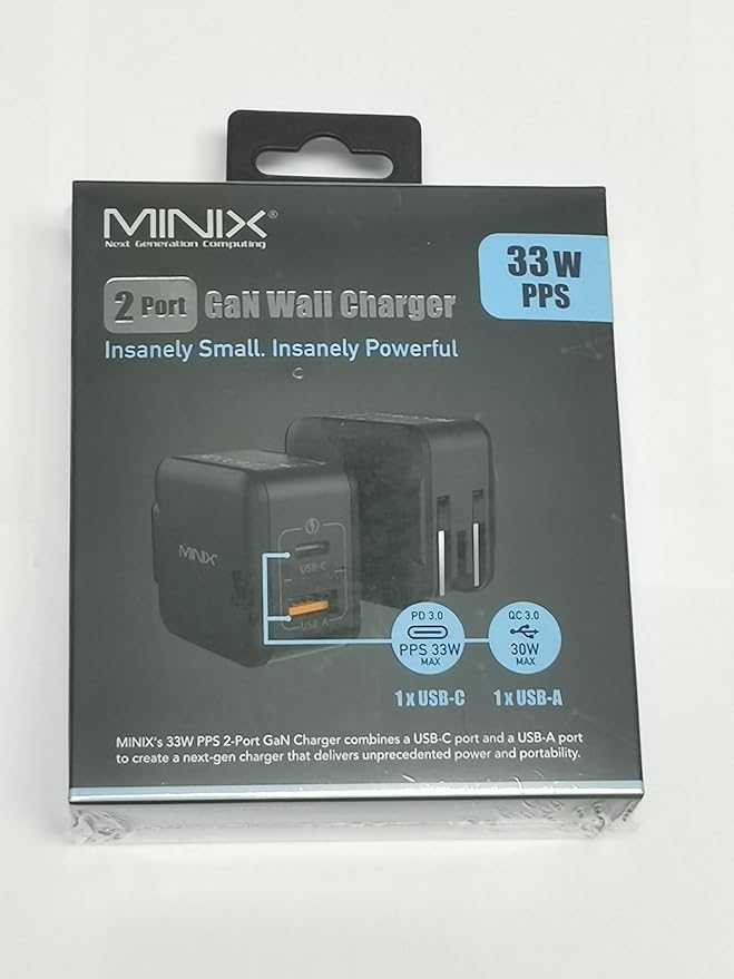 MINIX P1 Mini 30W USB C Charger, 33W PPS 2-Port GaN Charger 1 USB-C Port, 1 USB-A Port with Foldable Plug, Compatible with iPhone 8-15/16 Series, Galaxy S10-S23, Pad and More