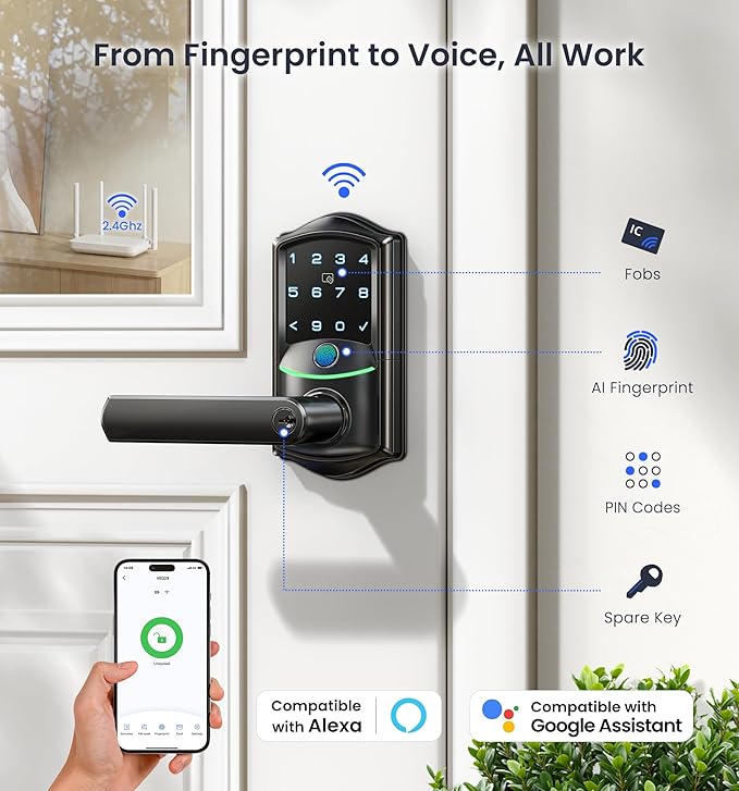 Veise VE029 WiFi Smart Lever Lock, Fingerprint Keyless Entry Door Lock with Handle, Built-in WiFi, Remote App Control, Electronic Digital Knob for Front Door and Bedroom, IP65 Waterproof, Matte Black