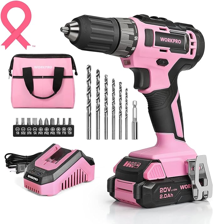 WORKPRO 20V Pink Cordless Drill Driver Set, 3/8” Keyless Chuck, 2.0 Ah Li-ion Battery, 1 Hour Fast Charger and 11-inch Storage Bag Included - Pink Ribbon