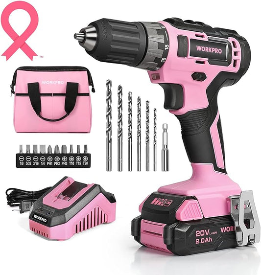 WORKPRO 20V Pink Cordless Drill Driver Set, 3/8” Keyless Chuck, 2.0 Ah Li-ion Battery, 1 Hour Fast Charger and 11-inch Storage Bag Included - Pink Ribbon