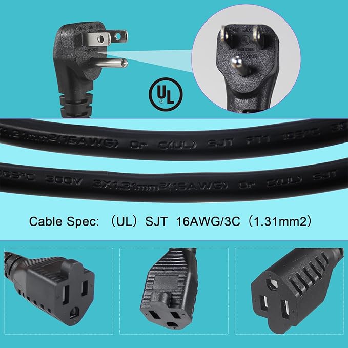 SPARKING 90-Degree Flat Plug Short Extension Cord - 1.5FT Black Flat Wall Head 3Prong Grounded Extension Cord, 16AWG SJT 125V 13A 1625W Small Appliance Extender for Home and Office [1 Pack]