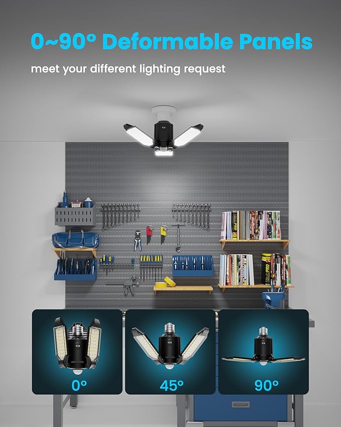 Motion Sensor Garage Lights 8000LM, Deformable Motion Activated LED Garage Ceiling Light Bulbs, 3 Modes & 360° Detection, Sensor Lights Bulb Indoor for Workshop/Barn 2-Pack