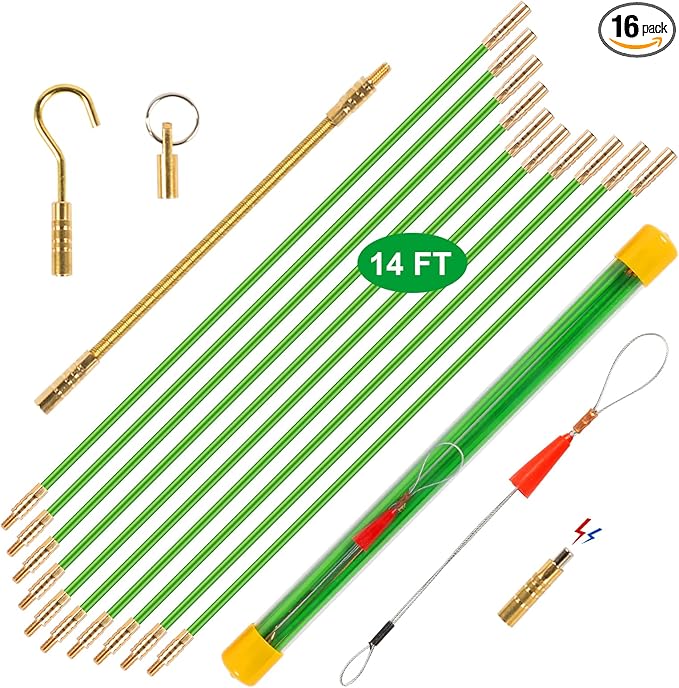 14FT Wire Fishing Tool Fish Tape Cable Rods, Bright Green Wire Puller with 5 Different Attachments in a Carrying Case