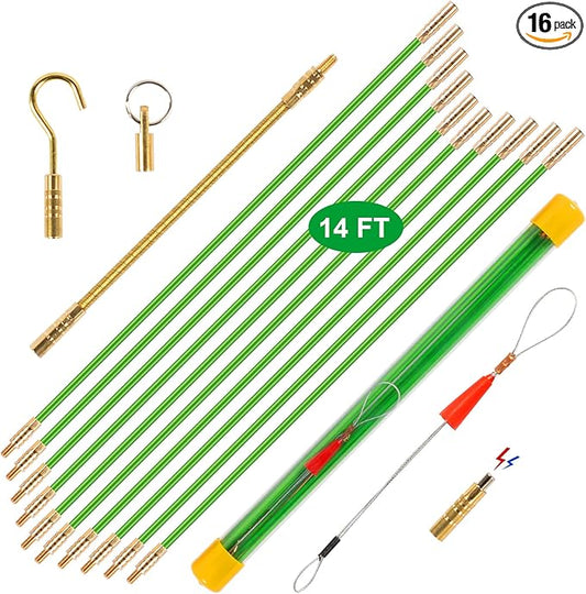 14FT Wire Fishing Tool Fish Tape Cable Rods, Bright Green Wire Puller with 5 Different Attachments in a Carrying Case