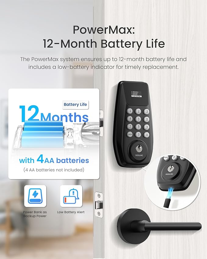 DESLOC C100 Keyless Entry Door Lock with 2 Lever Handles & Display, Electronic Keypad Deadbolt with Screen Digital Smart Front Door Lock Set, Auto Lock, Passage Mode, 12 Months Battery, Black