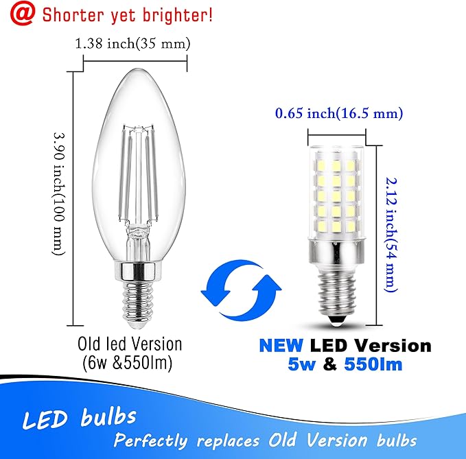 E12 Candelabra LED Light Bulbs 60 Watt Equivalent 6W 6000K Daylight White 550lm E12 C7 T6 Small Base for 120 Volt Chandelier Pendant Ceiling Fan Lighting Table Salt Lamp, Non-dimmable, 4 Pack