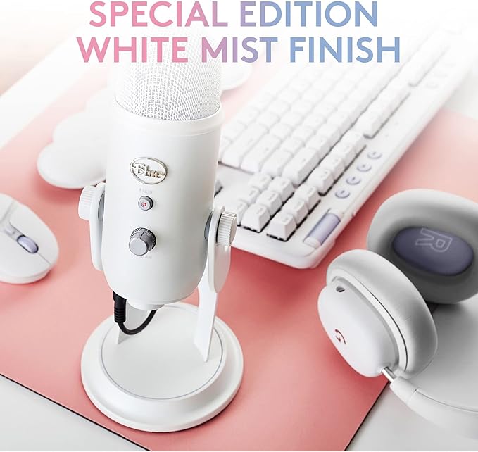 Logitech Creators Blue Yeti USB Microphone for Gaming, Streaming, Podcast, YouTube, Discord, PC, Studio Sound, Plug & Play-White Mist