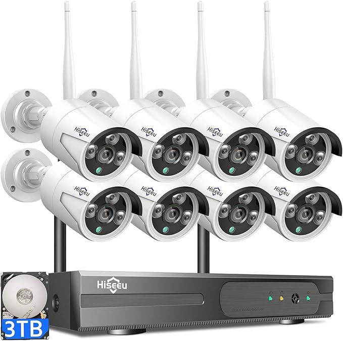 Hiseeu 100ft WiFi Security Camera System, 16CH 4K NVR Kit, Wired Powered 8Pcs 5MP CCTV Home Security Camera System for Indoor/Outdoor Use, Night Vision, IP66, Motion Detection, 3TB Hard Drive