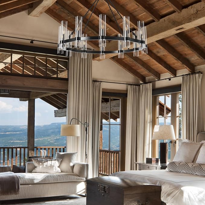 43 Inch Black Wagon Wheel Chandelier, 12 Lights with Glass Shades Light Fixtures, Large Modern Farmhouse Pendant Light for Dining Room, Living Room, Kitchen, Foyer, High Ceilings