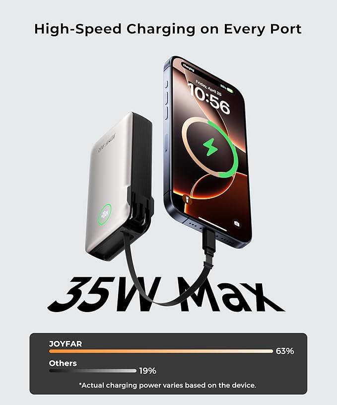 Portable Charger Power Bank - Battery Pack 35W AC Plug GaN 10000mAh Built in Cable USB C Phone Fast Charging Powerbank Compatible with iPhone 16 15 14 13 12 11 X iPad MacBook Samsung (Gold)