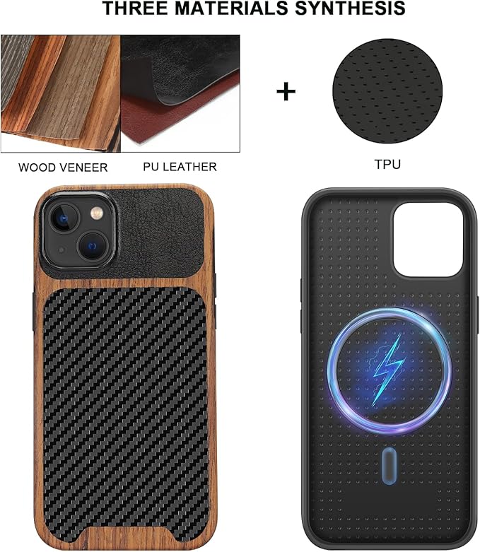TENDLIN Compatible with iPhone 15 Plus Case Wood Grain with Carbon Fiber Texture Design Leather Hybrid Slim Case (Compatible with MagSafe) Black