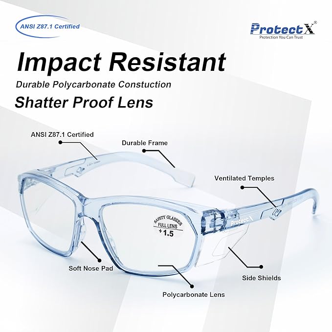 ProtectX Stylish Anti-Fog & Scratch-Resistant Safety Glasses With Readers, UV Protection Goggles, Anti-Impact Lightweight Glasses for Men＆Women 1.5,Blue