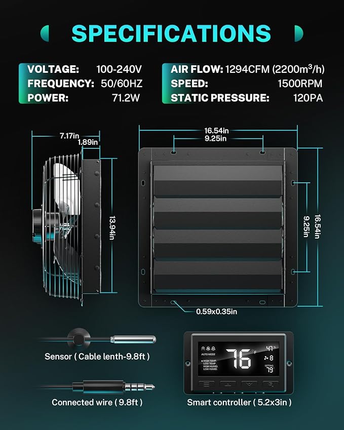 HG Power 14 Inch Attic Fan with Thermostat, Shutter Exhaust Fan with Smart Temperature Humidity Controller, Wall Mounted Greenhouse Fan with EC Motor for Garage, Shed Ventilation, Black