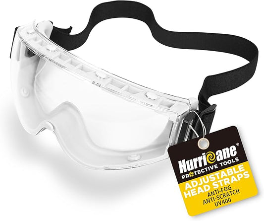 HURRICANE PVC Safety Goggles, UV400 Clear Lenses, Anti-Fog Function, Adjustable Elastic Head Strap