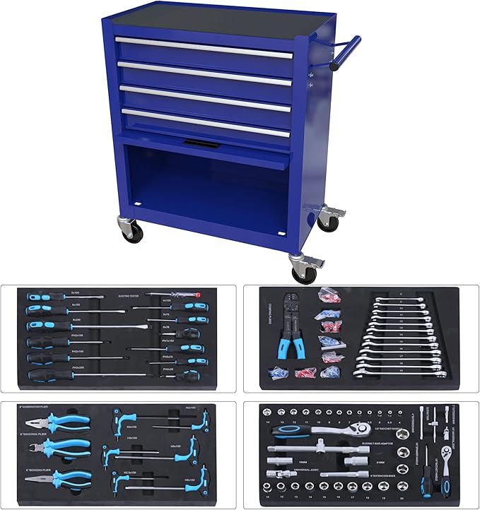 233-Piece Mechanics Tool Set, Household Tool kit with 4-Drawer Heavy Duty Metal Tool Cabinet, Portable Tool Box for Home/Auto Repair - Gift for Men (Blue)
