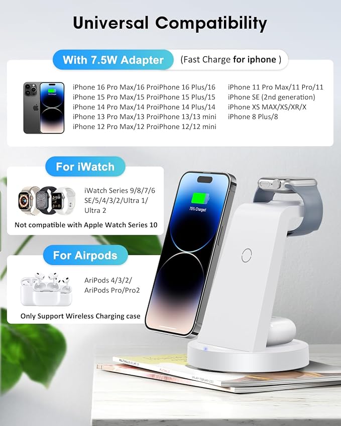 3 in 1 Charging Station for Apple Device, Wireless Charger for iPhone 16 15 14 13 12 11 Pro Max & Apple Watch iwatch- Charging Stand Dock for AirPods