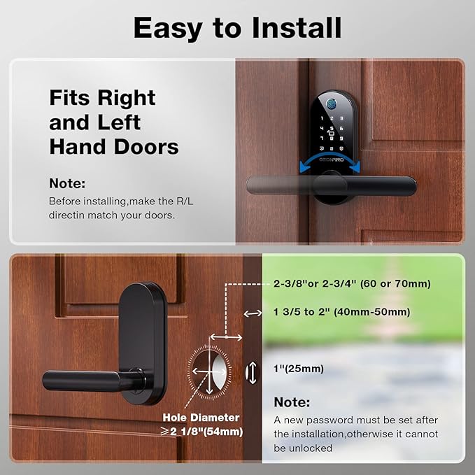 GEONFINO Smart Door Lock 6-in-1 Fingerprint Door Lock with Anti-Peeping, Black Keyless Door Lock with Biometric Handle for Home