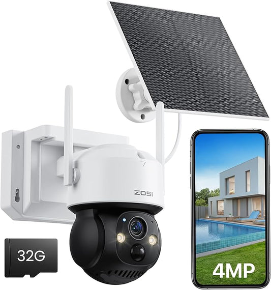 ZOSI C291 4MP Wireless Battery Security Outdoor Camera with Solar Panel, 2.5K 360 View Pan/Tilt Camera, Auto Track, PIR Human Detect, Color Night Vision, 2-Way Talk, Light Siren Alarm,32GB Memory Card