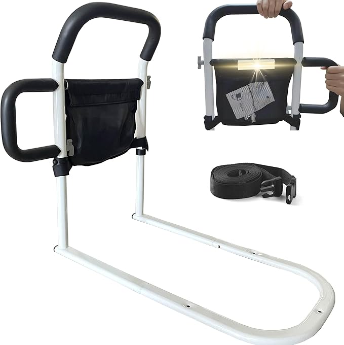 Bed Rails for Elderly Adults Safety, Bed Guard Rail with Dual Grab Bars for Seniors & Patients,Motion Light & Storage Pocket Support Up to 300lbs Fits King, Queen, Full, Twin Bed