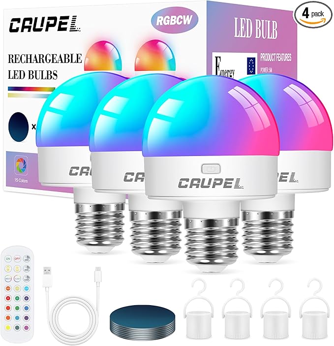 RGBCW Rechargeable Battery Operated Light Bulbs, E26 Detachable LED Bulb with Remote Control, 40W Equivalent, 500Lum, 3 Color Temperatures, 15 RGB, Emergency Light Bulbs for Home, Outdoor, 4 Pack