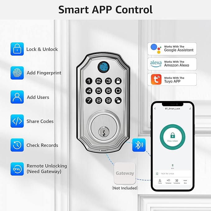 LOCK&SOLVER Keyless Entry Door Lock, Smart Lock for Front Door, Keypad Fingerprint Doorlock, App Remote Control, One-Time Code, Auto Lock, Easy Installation with Video Guide, Rust-Resistant Zinc