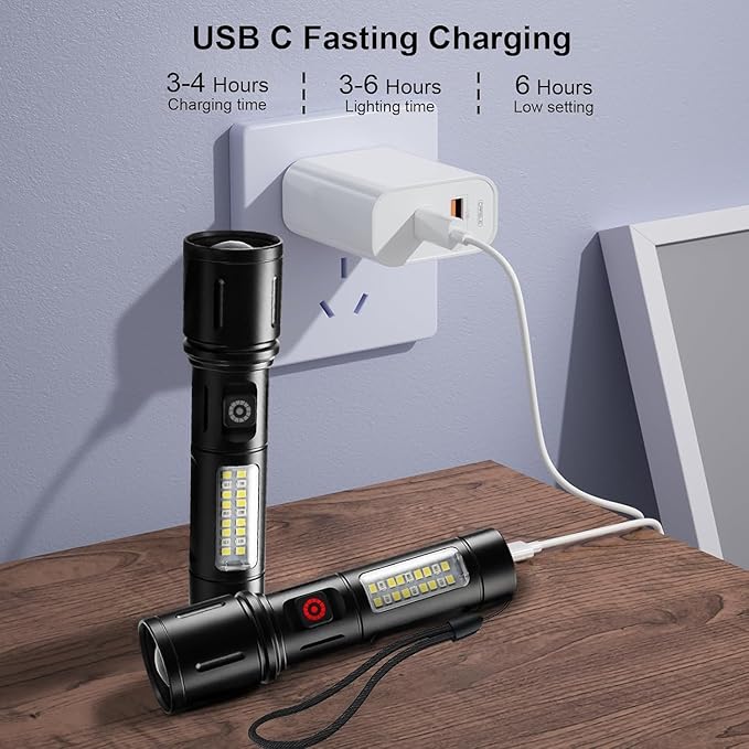 Rechargeable Flashlights High Lumens 2 Packs, 900,000L LED Metal Flashlight Battery Powered with 6 Modes, Cob Side Light, USB C, Waterproof, Zoomable, Handheld Flash Lights for Emergency Home