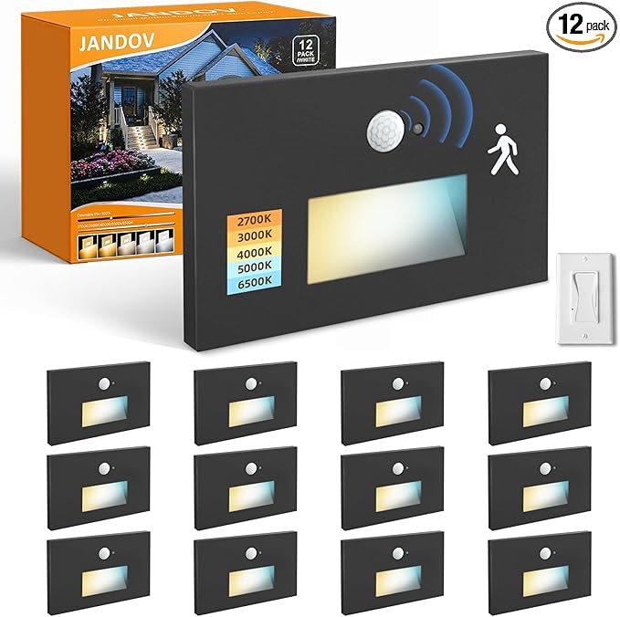 Motion Sensor Stair Lights Indoor Outdoor, 5CCT Dimmable LED Step Lamp with Switch, 4W 300LM, 2700K-6500K, IP66 Waterproof Hardwired 120V Stairway Staircase Walkway Lighting- Black, 12 Pack, ETL