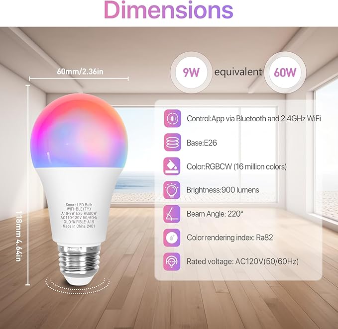 ORALUCE Smart Light Bulb Compatible with Alexa & Google Home, A19 E26 LED Light Bulb 60W Equivalent, 2.4GHz WiFi & Bluetooth Color Changing APP Dimmable, Multicolor LED Bulb 900 Lumens,2P