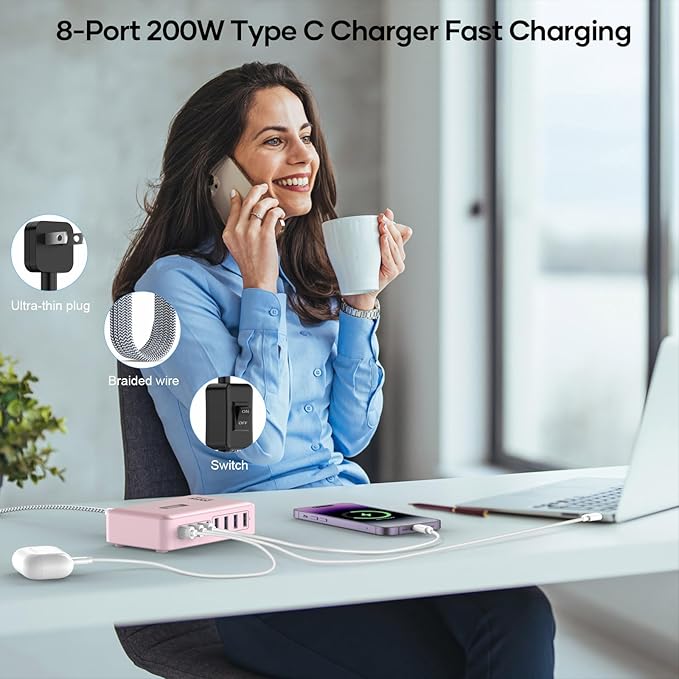 8-Port USB C Fast Charger Block 200W with Flat Plug, Braided Power Cord, and On/Off Switch- USB Charging Hub for iPhone, iPad, MacBook and More- 65W C Port Power Adapter for Laptops