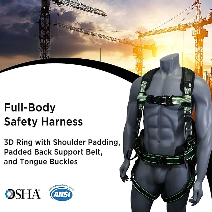 AFP Fall Protection Full-Body Premium Safety Harness, 8” Thick Support Belt, Aluminum D-Rings, Tongue Buckle (OSHA/ANSI PPE)