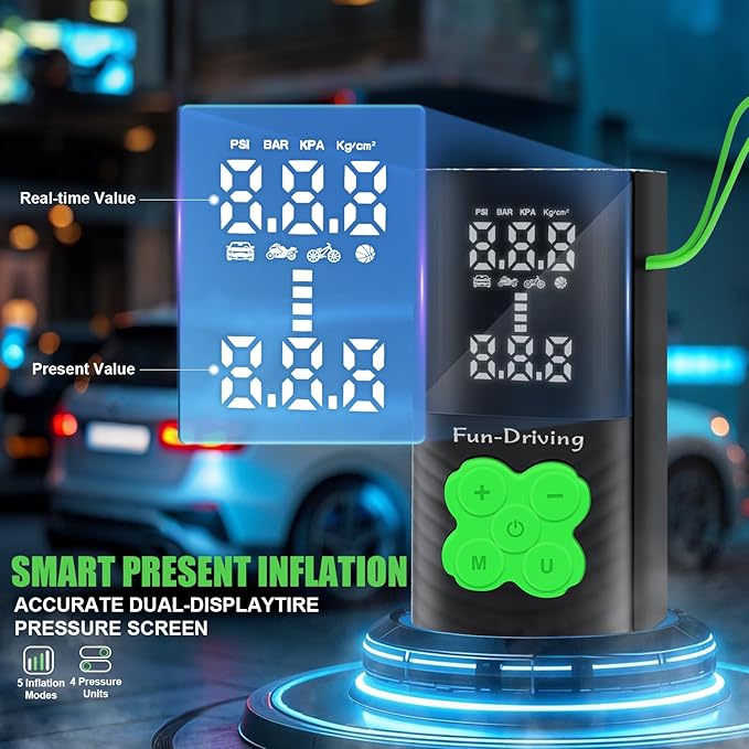 FUN-DRIVING Portable Air Compressor Tire Inflator Air Pump for Car Tires with Tire Digital Pressure Gauge 150PSI 16000mAh for Car, Bike, Motorcycle, Ball