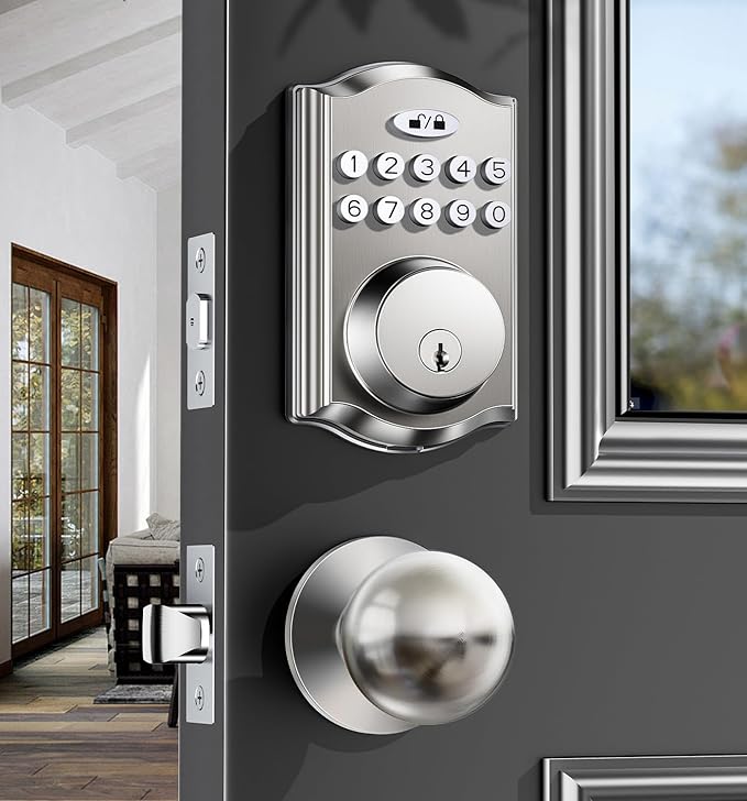 Keyless Entry Door Lock with 2 Knobs, Electronic Backlit Keypad Deadbolt with Handle Set, Auto Lock, One-time Codes, Smart Deadbolt for Front Door, Easy Installation (Satin Nickel)
