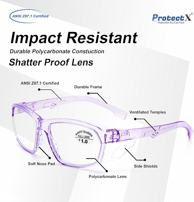 ProtectX Stylish Anti-Fog & Scratch-Resistant Safety Glasses With Readers, UV Protection Goggles, Anti-Impact Lightweight Glasses for Men＆Women Lilac Reading 1.0-2 Pack
