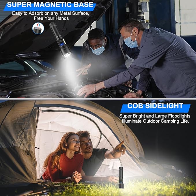 Rechargeable Magnetic Flashlights High Lumens, Super Bright LED Powerful Flashlight 8 Modes with COB Work Light, Waterproof Handheld Flash Light for Camping (2 Pack with Paper Box, Black)