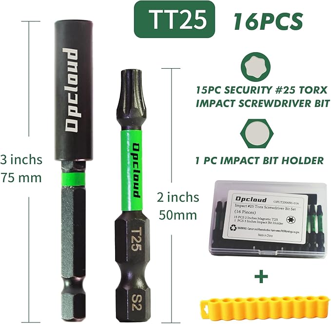 T25 Impact Screwdriver Bit Set, 16 Pieces 2”S2 Steel Magnetic Security #25 Torx Tips Driver Power Bit Set with Extension Impact Bit Holder