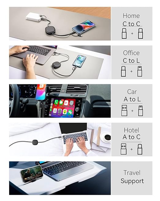 Multi Charging Cable, 2Pack 5 in 1 Retractable Lightning Charger Cable 60W USB C to USB C Fast Charging,Multiple USBC Cord Multi Car Charger for iPhone 17/16/15/14 Pro Max,iPad,Samsung S25 S24,Tablets