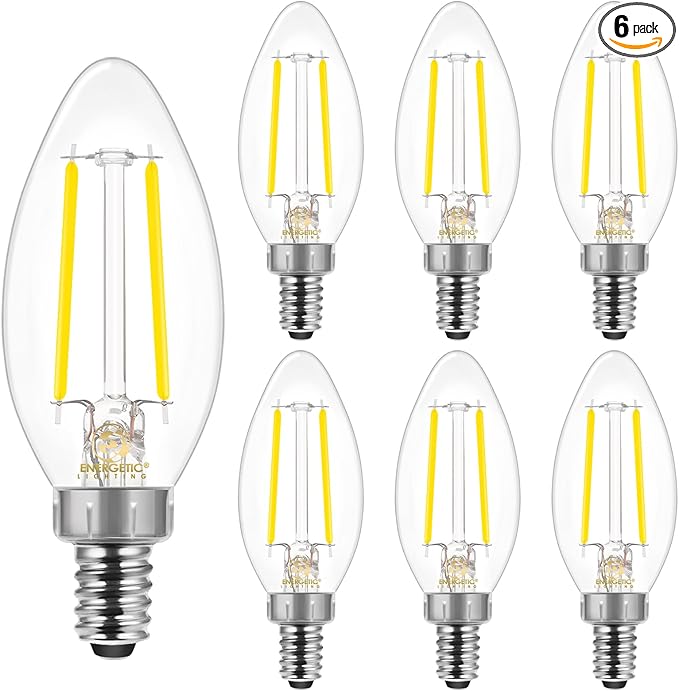 Energetic E12 B10 LED Classic Candelabra Clear Light Bulb, 40 Watt Equivalent, Daylight 5000K, Filament Clear Glass, Non-Dimmable, UL Listed Pack of 6