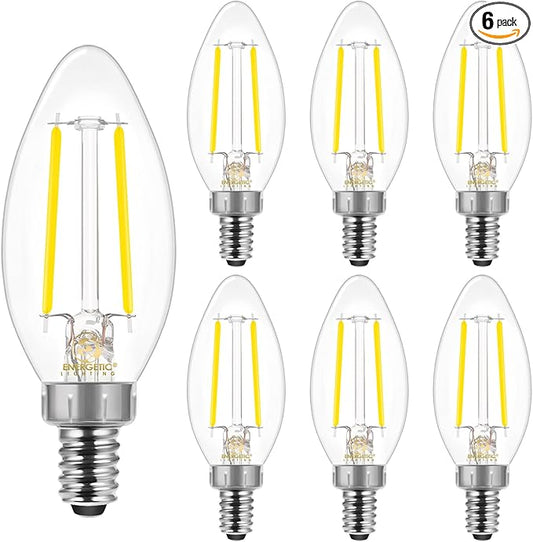 Energetic E12 B10 LED Classic Candelabra Clear Light Bulb, 40 Watt Equivalent, Daylight 5000K, Filament Clear Glass, Non-Dimmable, UL Listed Pack of 6