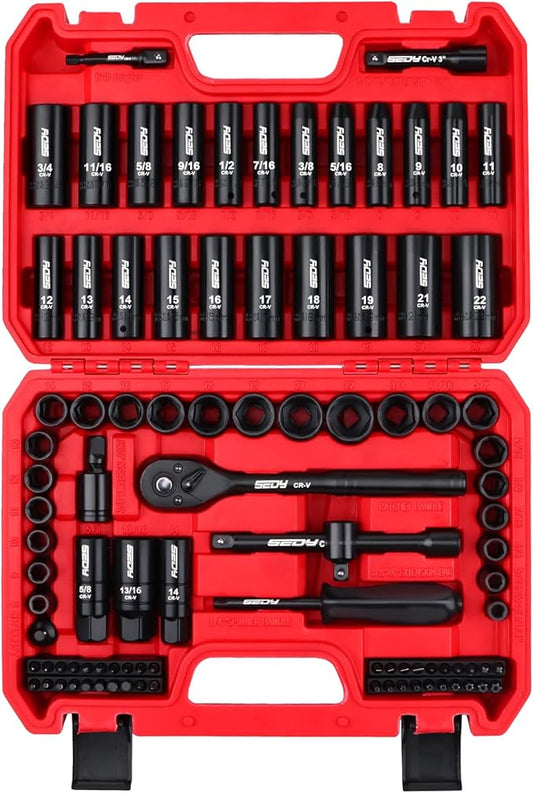 96-Piece 3/8" Drive Impact Socket Wrench and Bit Set, SAE 5/16”-3/4” & Metric 8-22mm, Cr-V Standard & Deep Sockets, Power Bits, Ratchet Handle, Universal Joint, Bit Holder, Adapters, Spark Plug Socket