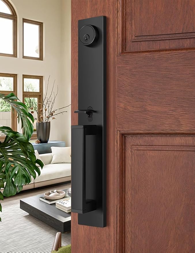 Front Door Lock Set, Full Escutcheon Front Door Handle Sets, Heavy Duty Entry Door Lock Sets with 3 Keys, Door Locks with Deadbolt Lever Handle