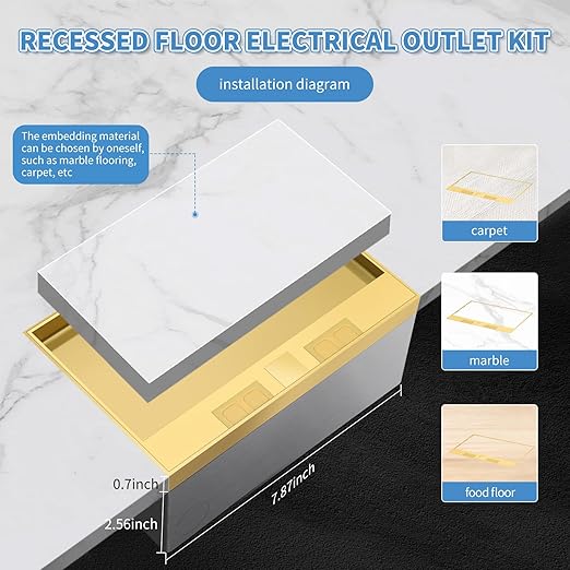 Vagueior Recessed Flat Hidden Floor Electrical Outlet Kit,with 4 * 15A Receptacle+1 * 5V 2.1A USB Charging Ports+2-Port RJ45 Datacom Receptacle，Waterproof Electrical Outlet Covcer Box,Gold