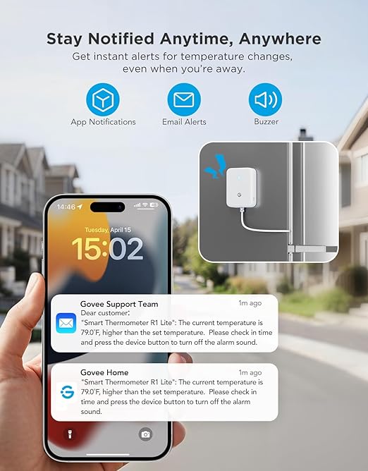 GoveeLife WiFi Refrigerator Thermometer with Alarm, Wireless Digital Freezer Temperature Gauge with App Control, 2 Years Free Data Export, for Home Kitchen Fridge Hot Tub(Only Support 2.4G Wi-Fi)
