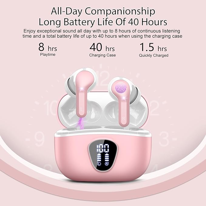 Wireless Earbuds, Bluetooth 5.4 Headphones HiFi Stereo, Bluetooth Earbuds with ENC Noise Cancelling Mic, IP7 Waterproof in Ear Earphones, 48H, LED Display Ear buds for Pad Phone Workout Sports, Pink