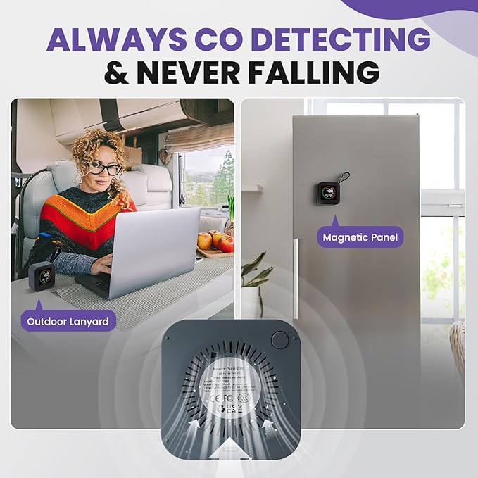 Portable Carbon Monoxide Detector for Travel & Home‌ | UL-Compliant ‌CO Detector‌ Temperature/Humidity Sensor, Rechargeable ‌Battery Powered CO Detector‌ for Camping, RV, Hotel (1, Gray)