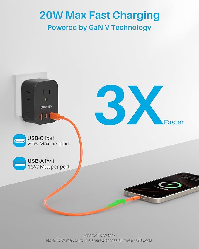 Multi Plug Outlet Extender, Surge Protector Wall Plug Splitter with 3 Electrical Outlets 3 USB Ports, PD 20W USB C Charger Block Wall Outlet Expander for Travel Home Office Dorm Room Essentials(Black)