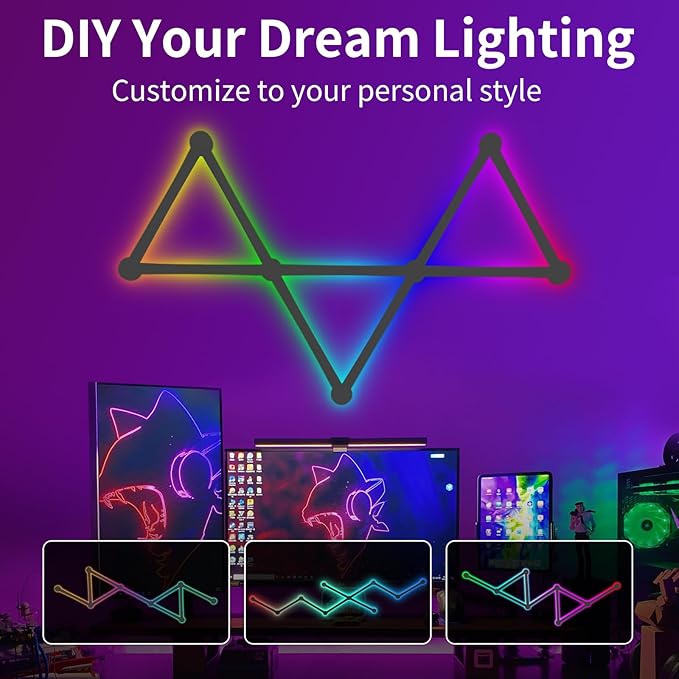Smart Wall Light Lines, WiFi RGB LED Light Bars, 16M+ Color Dimmable Music Sync DIY Home Decor Light Bars for Gaming Party Streaming Lovers, Work with Alexa & Google Assistant (9 Lines,Black)